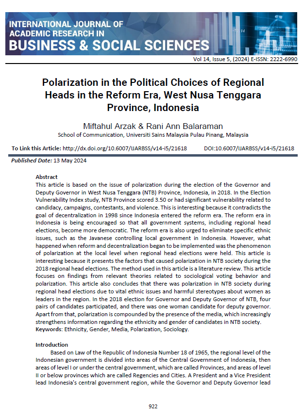 Polarization in the Political Choices of Regional Heads in the Reform Era, West Nusa Tenggara Province, Indonesia